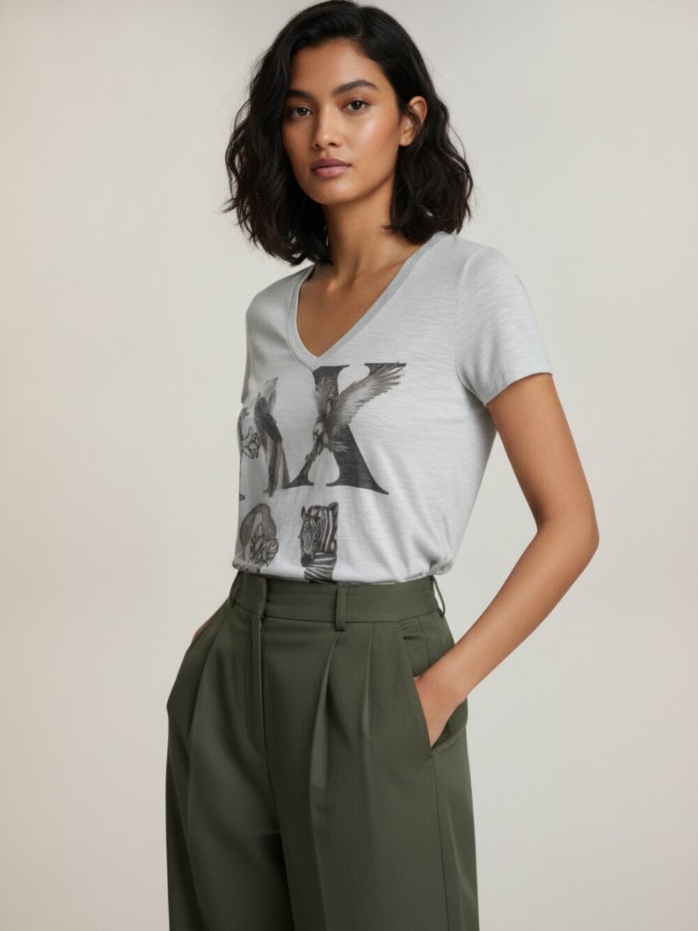 Armani Exchange NWT Heathered Grey "AX 91" Graphic Deep V-Neck Tee
